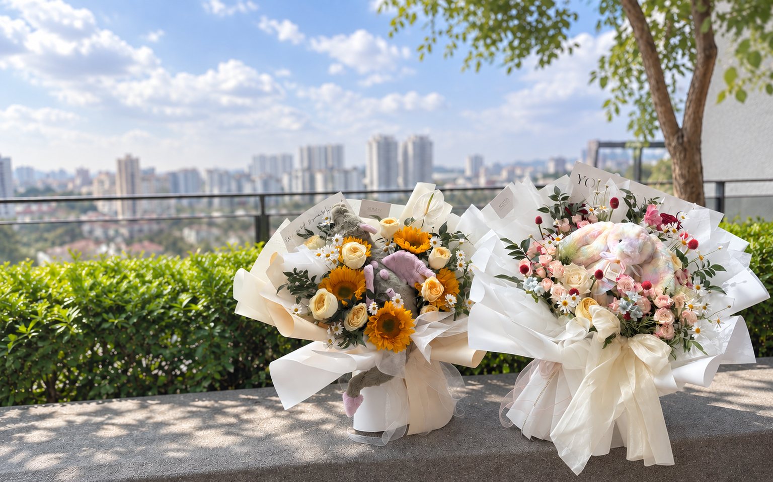 Two handcrafted Som In Petals bouquets with flowers and plush keepsakes